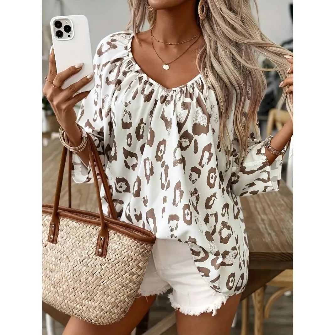 Khaki Leopard Print Deep V-Neck Seven-Sleeve Women's Shirt