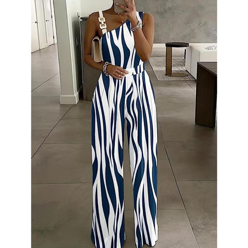 Women's Floral Print Ring Linked Asymmetrical Neck Plicated Jumpsuit, Boho Casual High Waist Wide Leg Jumpsuit for Summer, Summer Clothes 4