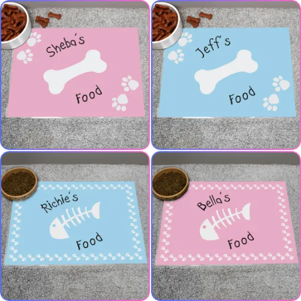 Personalised Pet Bowl Mats – Fish Bone & Paw Print Designs- Durable Laminated Design for Pet Lovers