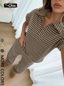 2-Piece Striped Polo Top & Wide Leg Pants Set - Cozy Loungewear for Home & Casual Outings | Viral TikTok Outfit, Quiet Luxury Aesthetic