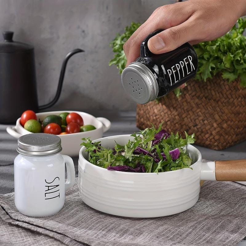 Product Introduction of 2pcs Farmhouse Salt And Pepper Shaker Set, Vintage Glass Black And White Shaker, 4.4OZ Spice Shakers With Handle And Stainless Steel Lid, Spice Jar, Pepper Jar, Salt Jar, Kitchen Accessaries, Back To School Supplies, Chrismas Gifts, Halloween Gifts 0