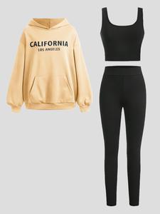 Three-Piece Set Women's Letter Print Drop Shoulder Hoodie & High Waist Leggings & Crop Tank Top Set, Casual Fashion Cozy Outfits for Daily Outdoor Wear, Ladies Clothes for All Seasons
