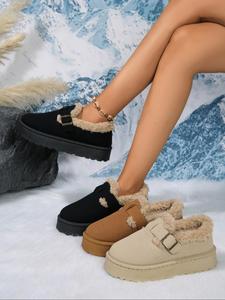 Women's Solid Color Plush Platform Ankle Boots, 2024 New Style Casual Warm Comfortable Home Slippers, Non-slip Soft Slippers for Indoor & Outdoor Wear