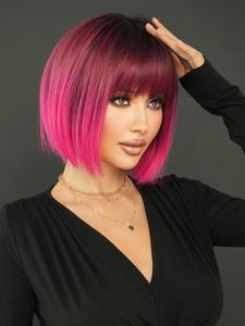 12 Inch Rose Quartz Ombre Color Machine Made Glueless Bob Wig, Short Straight Synthetic Hair Wigs for Women, Gifts for Wife, Gorgeous Fluffy Synthetic Material Wigs with Bangs, Synthetic Full Machine Beginner Friendly Wig for Party, Daily Use