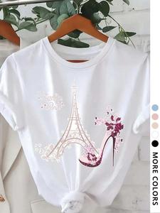 Women's Eiffel Tower & High Heel Print Round Neck Tee, Vintage Trendy Casual Floral Graphic T-shirt for Daily Wear, Ladies Summer Outfit, Top