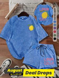 Two-piece Set Women's Lemon Print Short Sleeve Tee & Shorts, Casual Round Neck T-shirt & Shorts, Summer Clothes for Daily Wear, Matching Clothing Set, Co Ord Sets, Womenswear, Summer Outfits Set