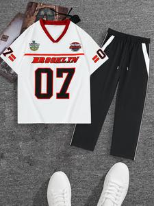 Men's Letter & Number Print Short Sleeve Tee & Pants Set, Casual V Neck T-shirt & Trousers, Men's Summer Clothes