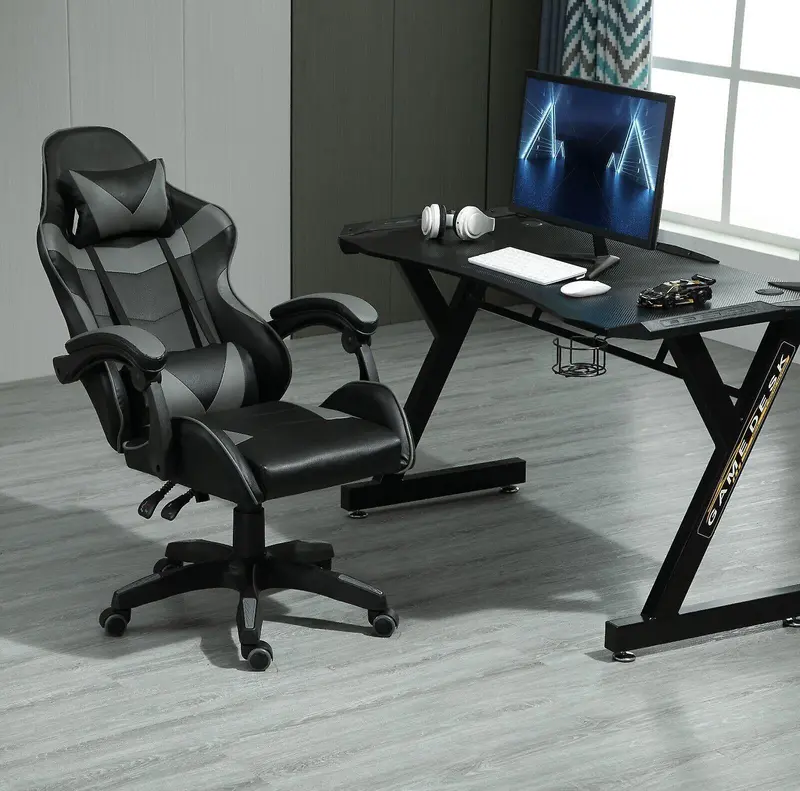 Swivel Gaming Chair Faux Leather A GREYComfortable gaming chair: Equipped with removable headrest pillow and lumbar cushion 3