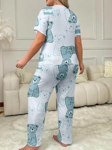 【Plus Size】 Women's Bear Print Short Sleeve Tee & Pants Loungewear Two-piece Set, Casual Comfy Round Neck T-shirt & Trousers Pj Set, Ladies Sleepwear for Summer, Pyjamas for Women