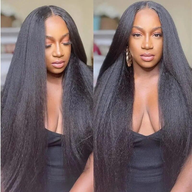 Soft Yaki Preplucked Black Color 26Inch 180Density Kinky Straight Lace Front Wig Synthetic Baby Hair Glueless Daily Wear Wig 5