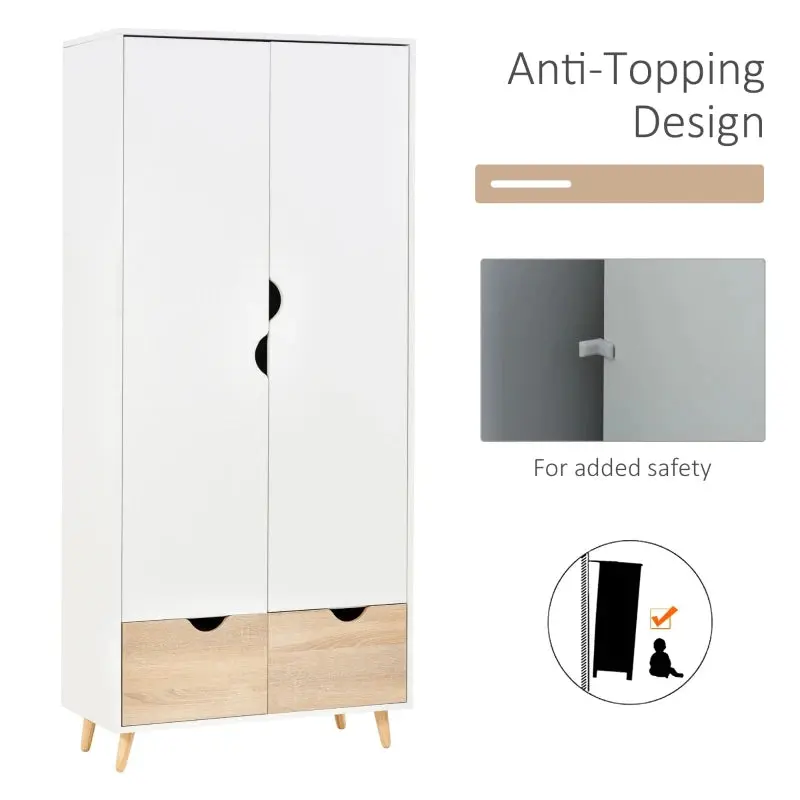 2-Door Wardrobe with Hanger Rail and 2 Underneath Drawers - White / Pine Wood 6