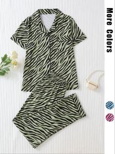 Women's Zebra Stripe Print Short Sleeve Pajama Two-piece Set, Casual Comfy Lapel Neck Button Top & Pants Pj Set, Ladies Sleepwear for All Seasons, Pyjamas