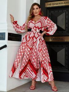 Plus Size Geometric Print Belted Split Thigh Long Sleeve Long Dress, Boho Deep V Neck Long Sleeve A Line Dress for Spring & Fall, Women's Clothes, Summer Outfits 2024