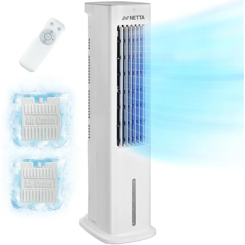 NEW 5L Portable Air Cooler with RemControl, Fan and Humidifier Settings, Automatic Oscillation 3 Fan Speeds and 3 Modes, High Powered Evaporative Air Cooler, 2 Ice Packs Included 55W 0