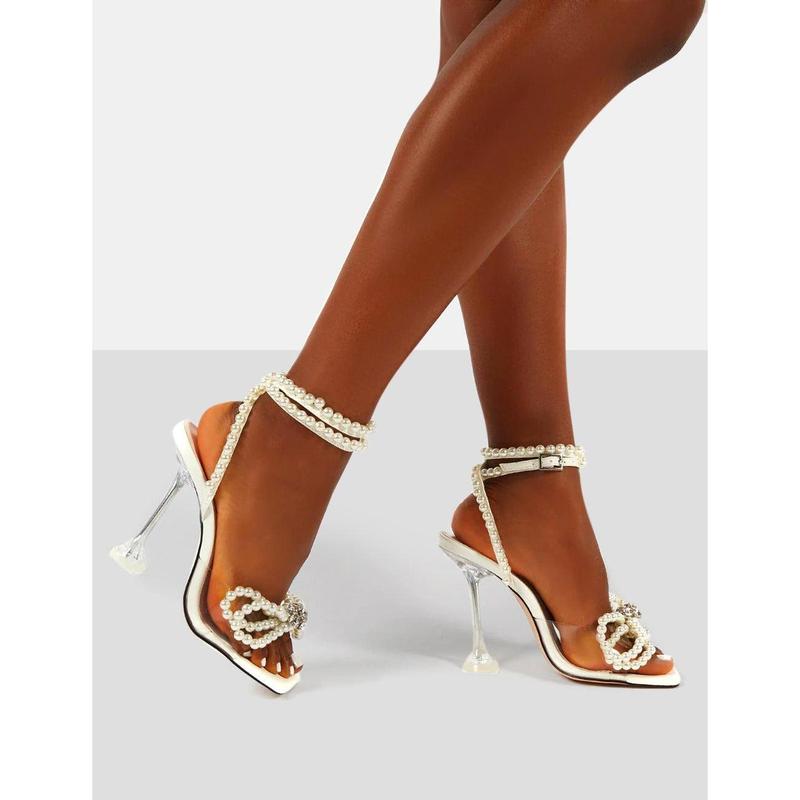 Glimmer White Wrap Around Pearl Detail Bow Square Toe Cake Stand Heels 3