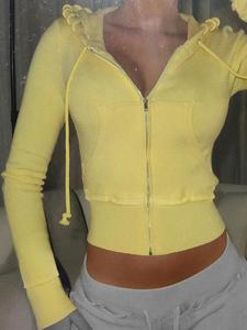 Women's Plain Drawstring Zip Up Tight Hoodie Top, Cute Street Fashion Casual Long Sleeve Pocket Hooded Top for Daily Outdoor Wear, Yoga Hoodie, Ladies Spring & Fall Clothes, Activewear, Cropped Hoodie, Workout Clothes Women, Casual Sporty Top