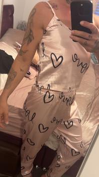 Product Review of Women's Heart Print Two-piece Pyjama Set, Casual Adjustable Spaghetti Strap Backless Cami Top & Elastic Waist Pants, Lady Comfort Nightwear, Comfy Loungewear Set for Women, Pajamas for Women, Lounge Set for Women, Womenswear from g**f 0