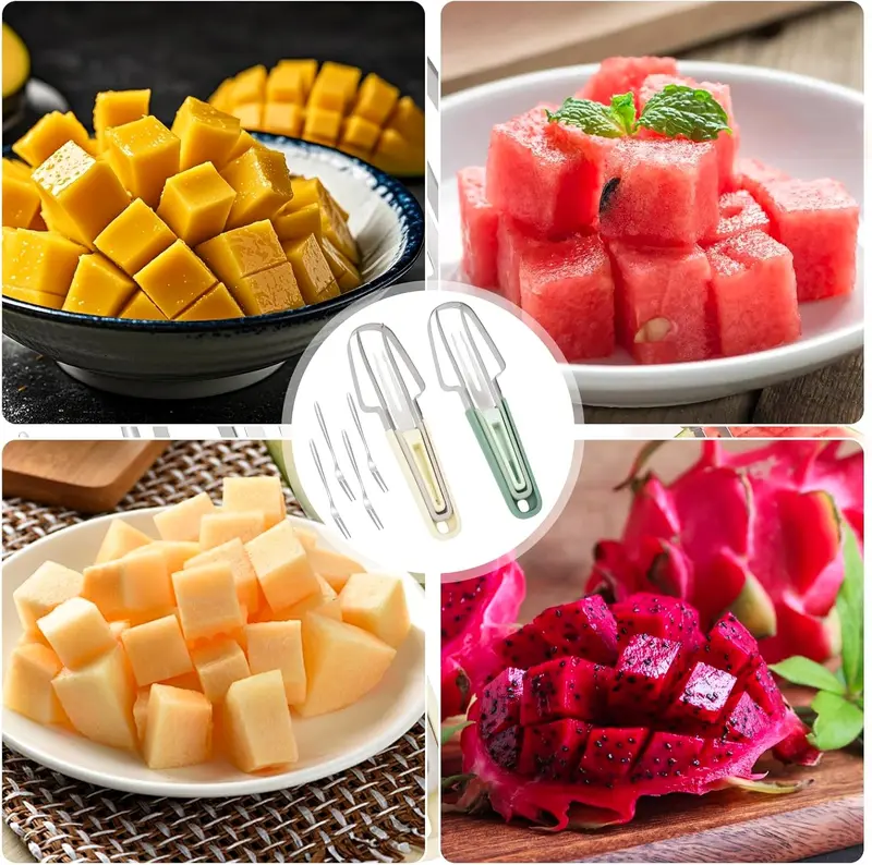 2PCS 3-in-1 Watermelon Fork Slicer Cutter, Stainless Steel Watermelon Cutter Slicer Tool Set, Multifunctional Melon Cutter 2