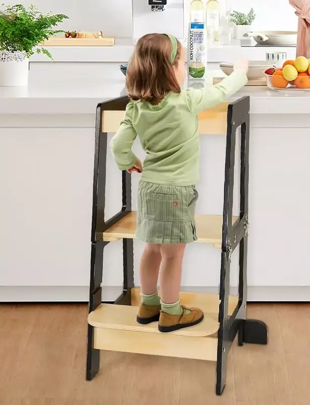 3-in-1 Toddler Learning Tower Kids Step Stool & Mini Desk with Safety Rail Black And white 7