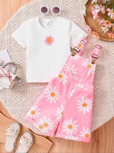 Toddler Girl's Floral Print Co-ord Set, Casual Short Sleeve T-shirt & Overalls Two-piece Set for Summer, Kids Clothes for Daily Wear, Baby Girl Clothes