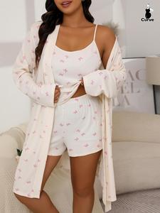 【Plus Size】 Three-piece Set Butterfly Print / Plain Belted Lounge Robe & Cami Top & Elastic Waist Shorts Pyjama Set, Casual Comfy Drop Shoulder Long Sleeve Robe & Camisole & Shorts, Women's Sleepwear for Spring & Fall