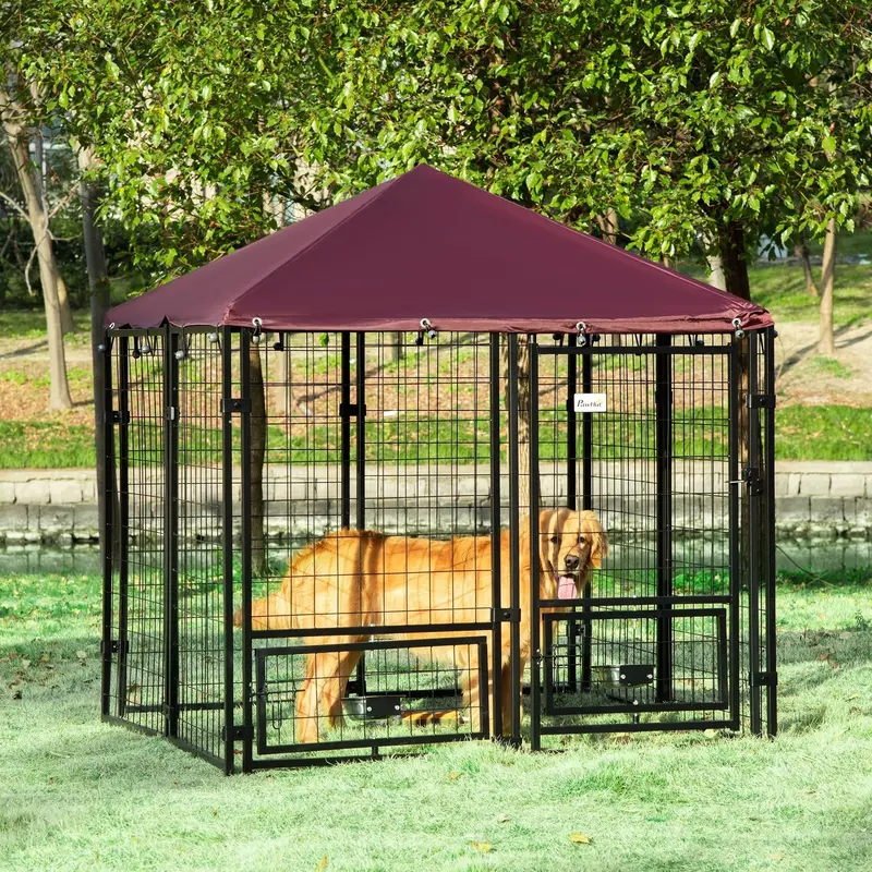 Outdoor Dog Kennel with Rotating Bowl Holders, Water and UV-Resistant Cover for Medium & Small Dogs, Red 1