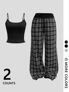 Two-Piece Set Women's Plain Crop Tank Top & All Over Plaid Print Pants, Casual Fashion Cozy for Daily Outdoor Wear, Ladies Clothes for All Seasons, Suits