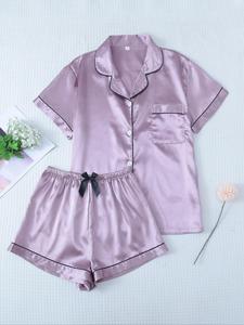 Two-Piece Set Women's Contrast Binding Lapel Pocket Shirt & Elastic Waist Shorts Satin Pyjama Set, Button Front Short Sleeve Top & Bow Decor Shorts PJ Set, Summer Sleepwear Set