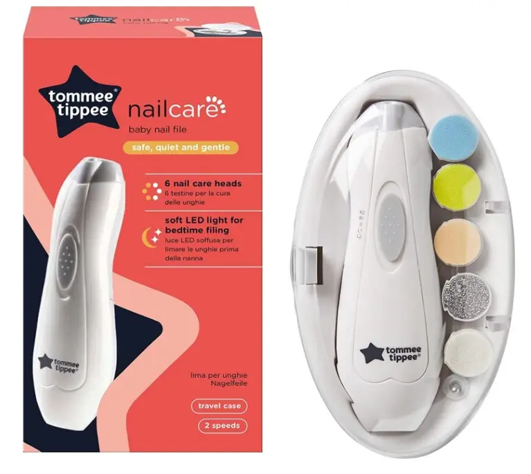 Tommee Tippee Electric Baby Nail File Trimmer, Battery-Powered Infant Nail Clipper with LED Light and Six Filing Heads for Baby and Adult Use