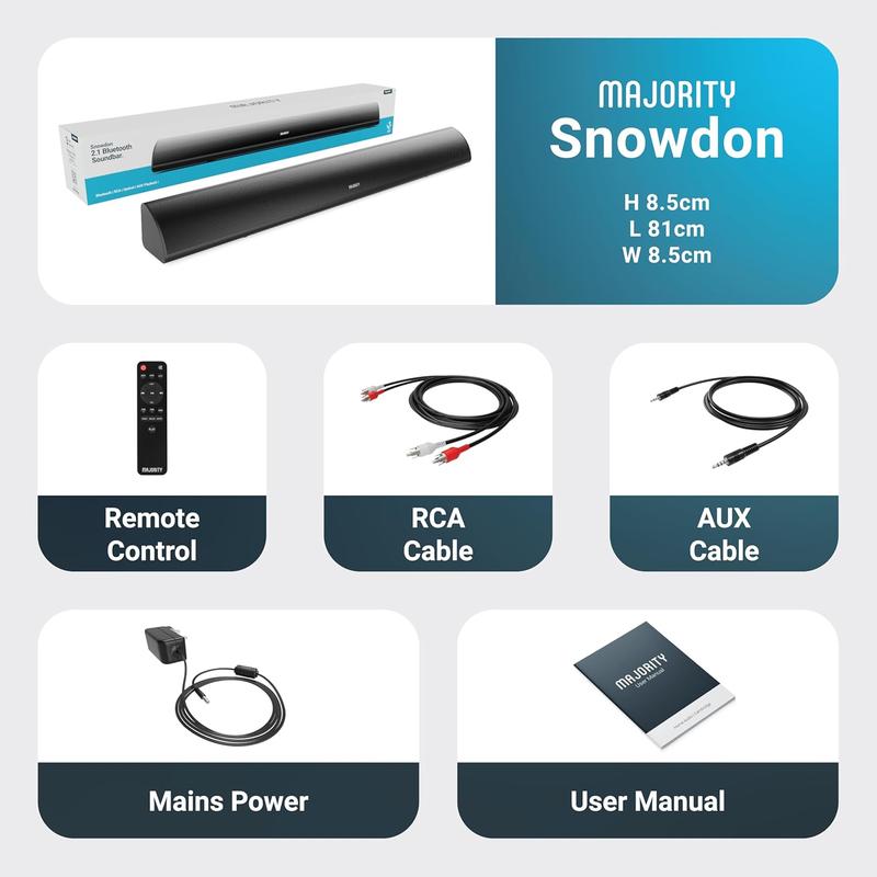 MAJORITY Bluetooth Sound Bar for TV |   Built-in Subwoofer |   120 Watts 2.1 Channel Sound |   RCA, Optical, and AUX Connection |   Wall Mountable |   Remote Control included Snowdon TV Soundbar 6