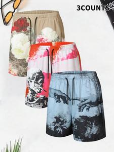 Men's Regular Fit Floral & Hand Print Boxer Briefs, Casual Comfy Breathable Shorts for Summer, Men's Underwear for Daily Wear