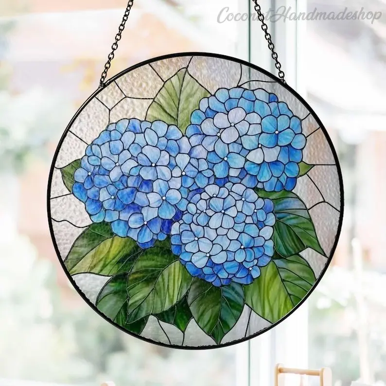 Hydrangea Flower Glass Suncatcher, Floral Hanging Window, Hydrangea Glass Ornament, Birth Month Flower Gift, Gift for Her, Mothers Gift 4