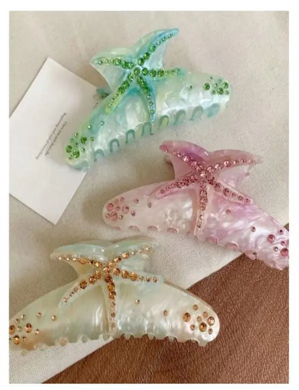 1pc Women's New Rhinestone Embellished Starfish Design Hair Clamp, Colorful Acetate Hair Clip