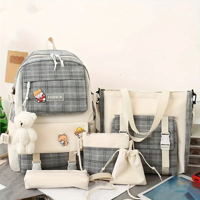 5pcs New Fashionable Plaid Cloth Contrast Color Large Capacity Campus Backpack Five-piece Set with Bear Pendant 8