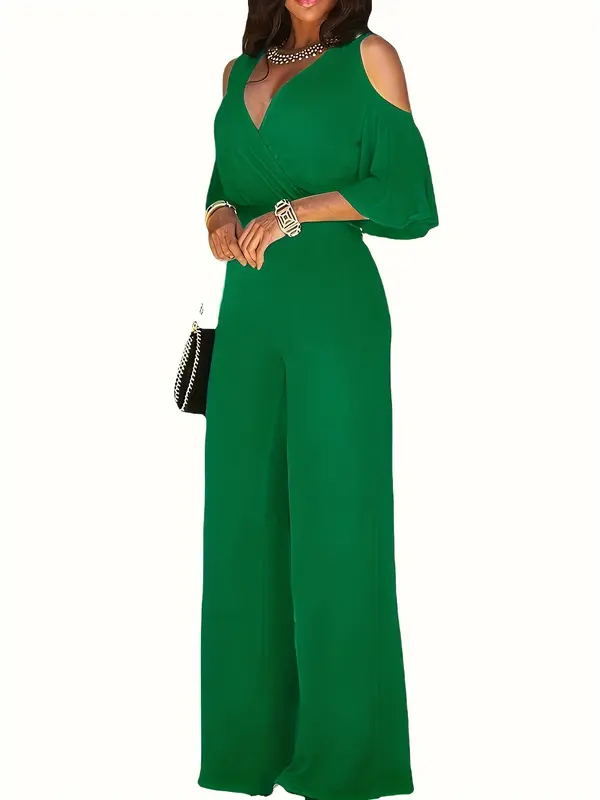 Elegant V-Neck Polyester Jumpsuit - Strapless Tie-Waist Wide Leg Romper - All-Season Vacation Style Knit Fabric 4