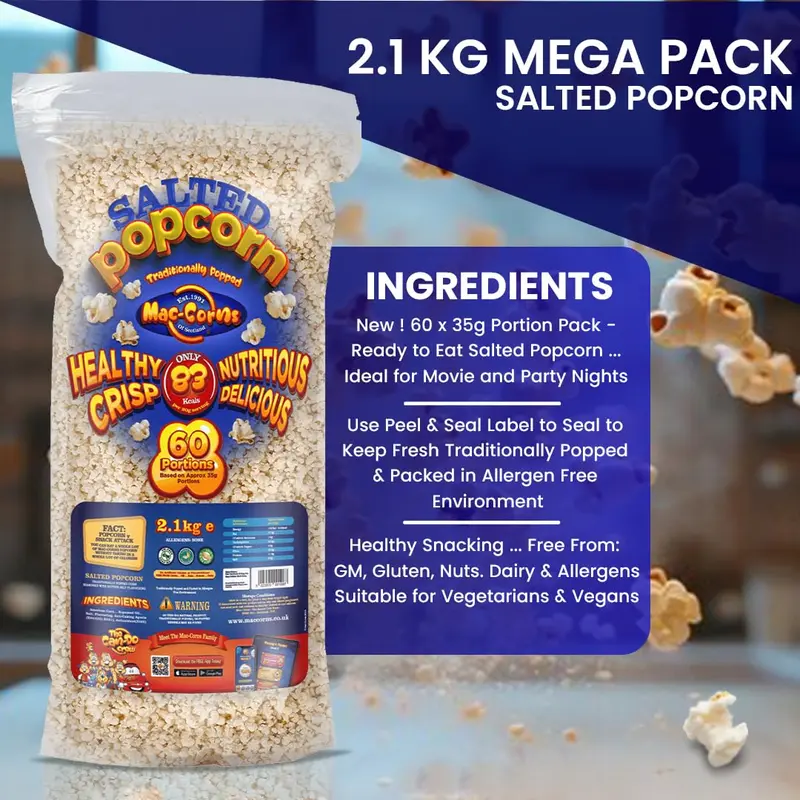 Mac-Corns - Bulk Pack Bundle ~ 2.1kg Salted Popcorn + 60 Tubs + Scoop ~ Traditionally Popped 4