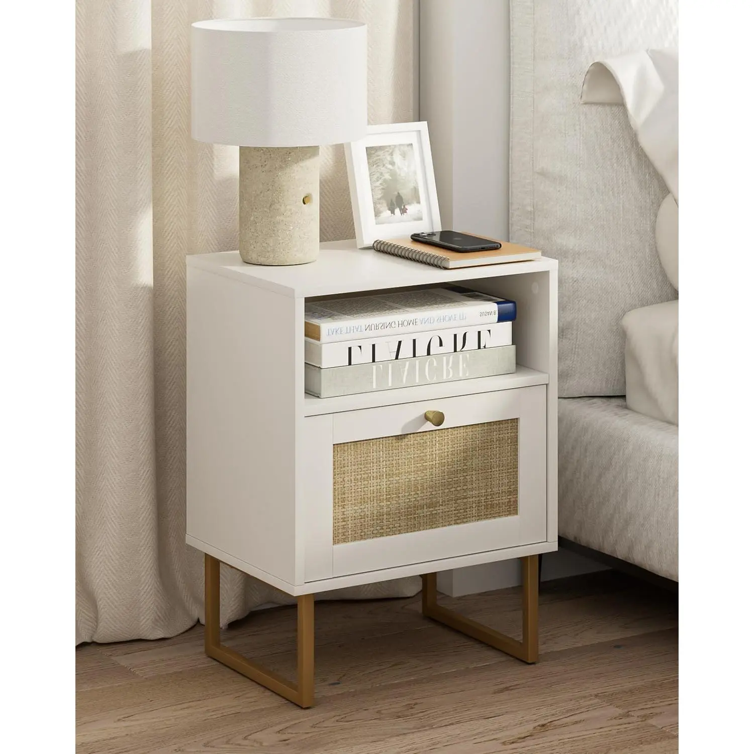 Rattan Bedside Table,Modern Boho Farmhouse Wood Nightstand with Storage Drawer and Open Shelf,Small Gold Frame Side Table for Bedroom,Living Room,Office(White)