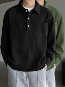 Men's Solid Half Placket Shirt, Loose Casual Long Sleeve Collared Top for Spring & Fall, Fashion Men's Clothes for Daily Wear