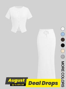 Women's Solid Button Front Tee & Drawstring Split Hem Ribbed Skirt Two-piece Set, Casual Minimalist Basic Short Sleeve Top & Skirt for Daily Wear, Ladies Two-piece Outfits for All Seasons, Womenswear, Clothes, Cute Two Piece Sets, White