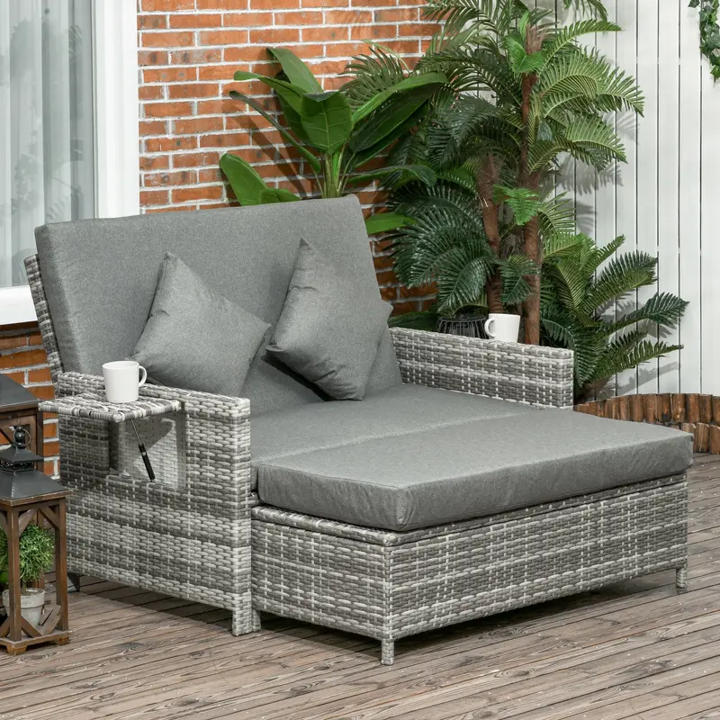 2 Seater Assembled Garden Patio Outdoor Rattan Furniture Sofa Sun Lounger Daybed with Fire Retardant Sponge - Grey 1