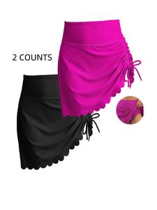 Women's Solid Color Asymmetrical Hem High Waist Swim Skirt with Built-in Shorts, High Stretch Casual Fashion Drawstring Swim Bottoms for Holiday Vacation, Ladies Swimwear for All Seasons, Elastic Waist Skorts, Gymskirt, Lightweight Athletic Skirts