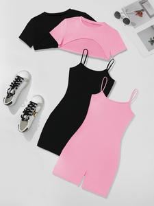 Four-Piece Set Women's Solid High Low Crop Tee & Cami Romper, Casual Soft Fabric Short Sleeve Crop Top & Sleeveless Spaghetti Strap Bodycon Romper, Womenswear