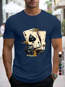 Men's Regular Fit Playing Card Print Round Neck Graphic Tee, Casual Short Sleeve T-shirt for Summer, Menswear for Daily Wear, Top