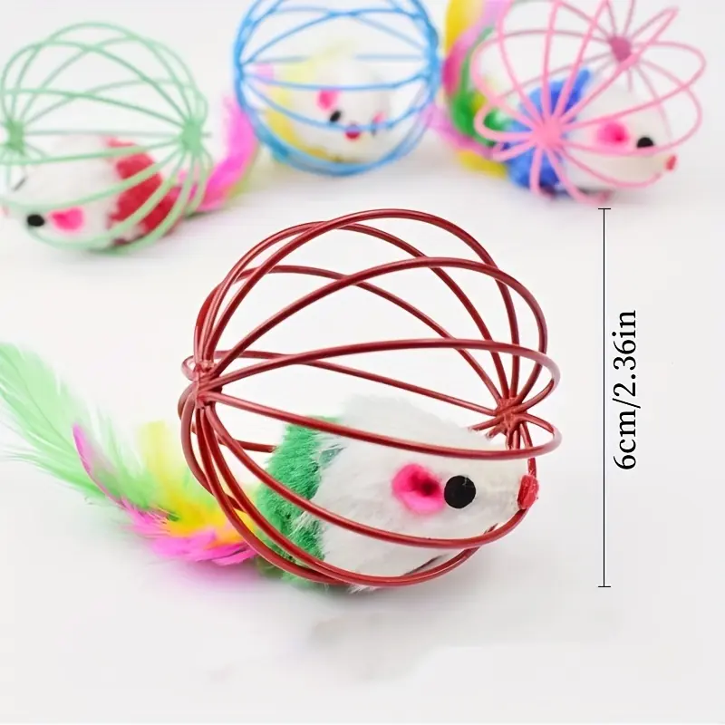 Cat Toy Cage Mouse Teaser Stick with Artificial Feather Tail Mini Ball Self-Entertaining Cat Toy 2