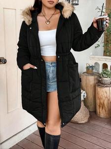 【Plus Size】 Solid Button Front Pocket Faux Fur Trim Hooded Winter Coat, Casual Long Sleeve Outerwear for Fall & Winter, Gift Set for Women, Women's Plus Size Clothes for Daily Wear