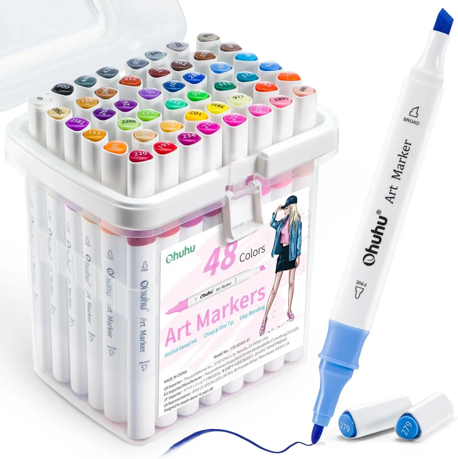 Ohuhu Alcohol Markers, 48 Colouring Pens Art Pens Markers Set for Architectural Design Double Tipped Chisel & Bullet Alcohol-Based Art Marker for Artists Drawing Sketching Anime and Manga 7d4039 colour