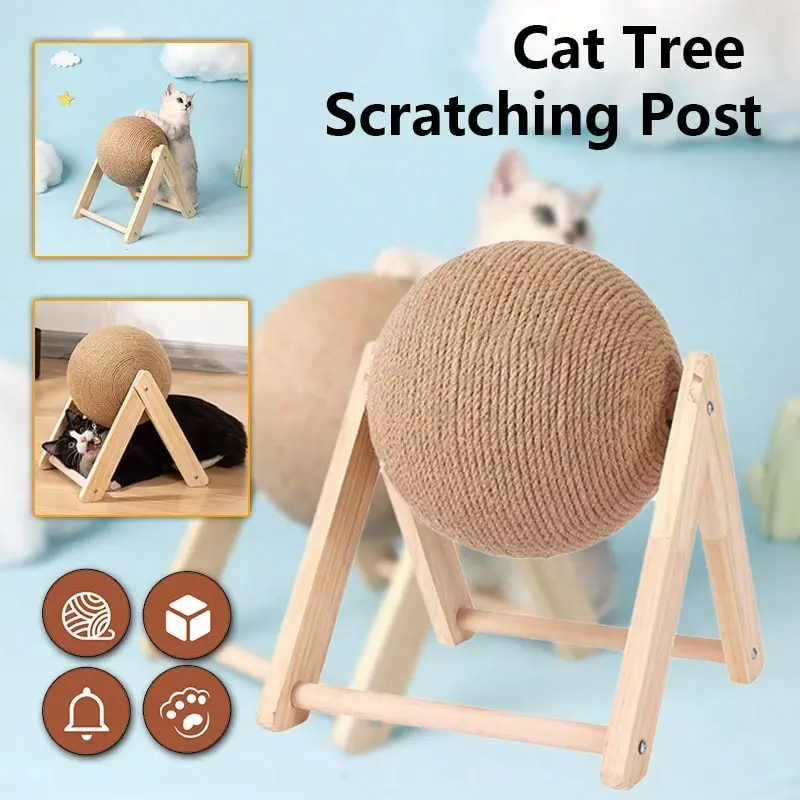 {BY} Natural Wood Cat Scratcher - Sisal-Covered Scratching Post & Play Ball 7