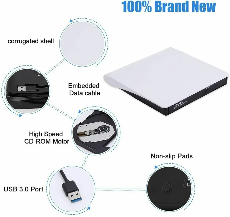 External DVD Drive,USB 3.0 CD/DVD +/-RW Drive Portable CD DVD Drive Burner Reader Writer, Slim Optical CD ROM Drive for Laptop Desktop PC Linux Apple Mac OS Macbook Pro Windows 11/10/8.1/7 White 7