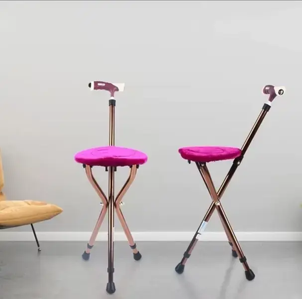 Folding Portable Walking Stick Seat Adjustable Aluminium Cane Chair Stool Senior