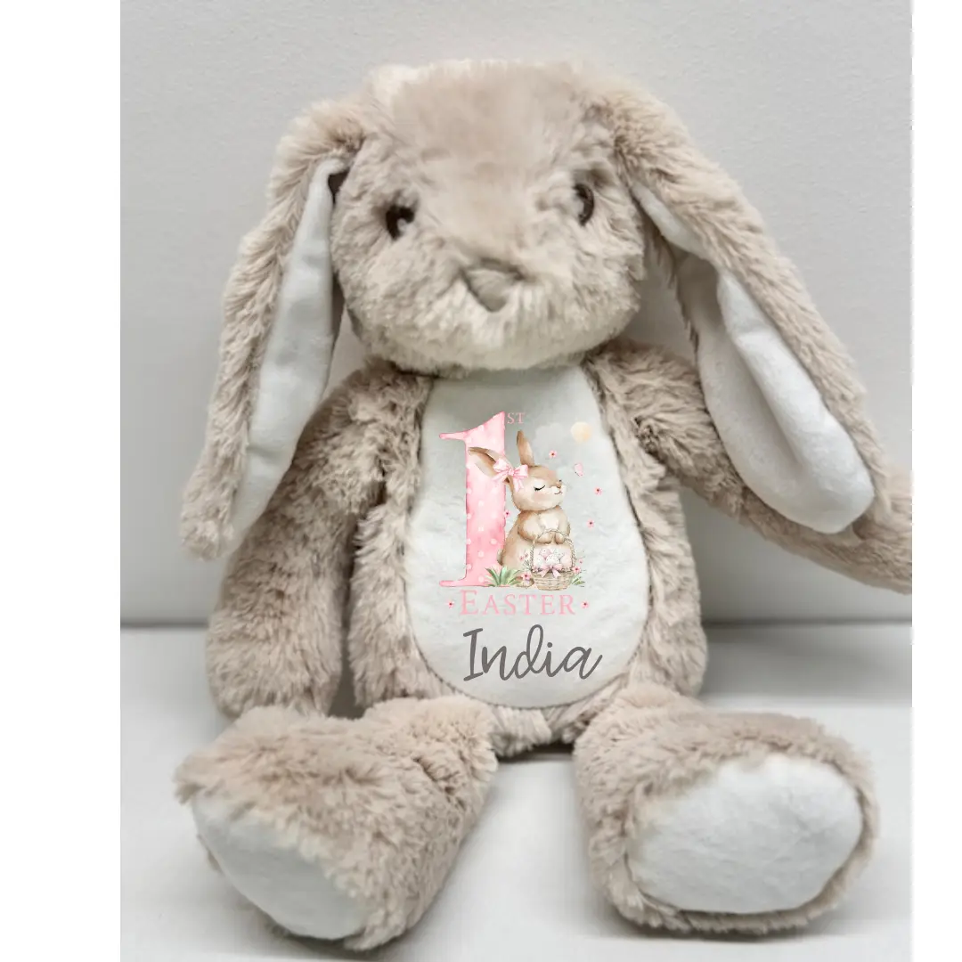 Girls Personalised Easter Bunny , First Easter Gift , Brown Bunny , Grey Bunny